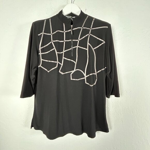 Jamie Sadock Womens Black 3/4 Sleeve 1/4-Zip Active Top Large Abstract Gray Grid - Picture 1 of 8
